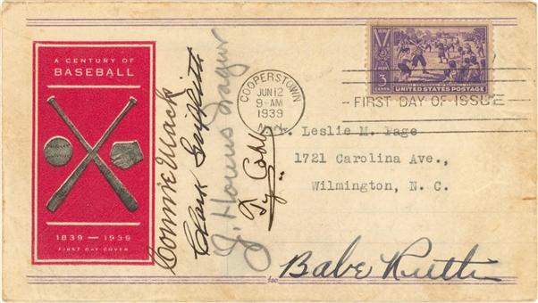 1939 Inaugural Hall of Fame Induction Class Signed First Day Cover, With Ruth, Wagner, Cobb, Mack & Griffith (JSA)